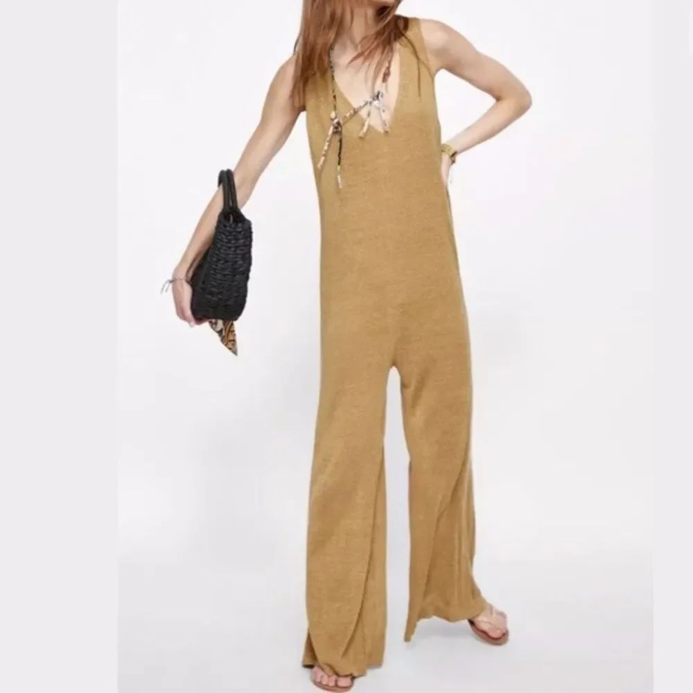 Zara Rustic Brown Linen Blend V-Neck Sleeveless Pull On Knit Jumpsuit Size S